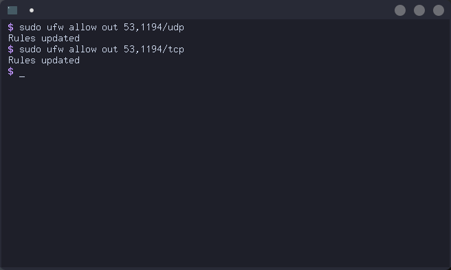 A screenshot demonstrating port rules for ufw