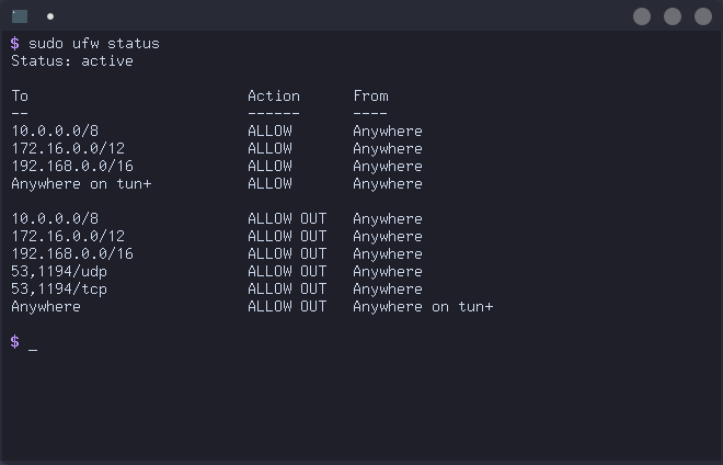 This screenshot shows the output of $ ufw status when the killswitch is properly configured